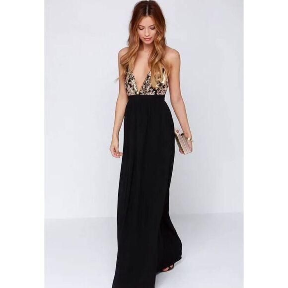 Lovers + Friends Good As Gold Black & Gold Sequin Open Back Maxi Dress Women’s M - Picture 1 of 16